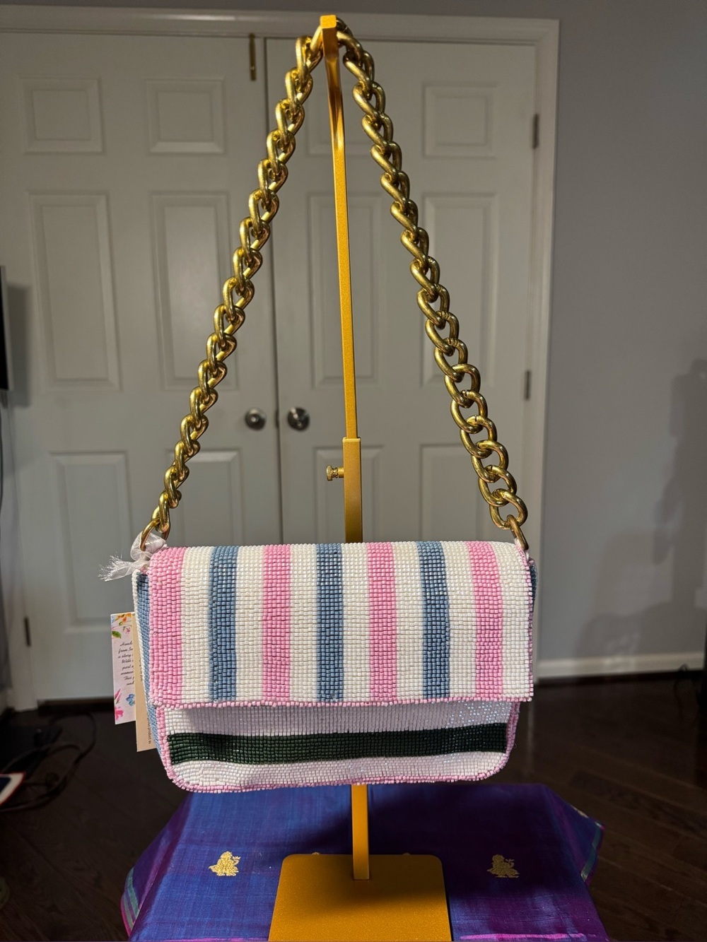 NWT America & Beyond Beaded Candy Stripe Chain Shoulder Bag